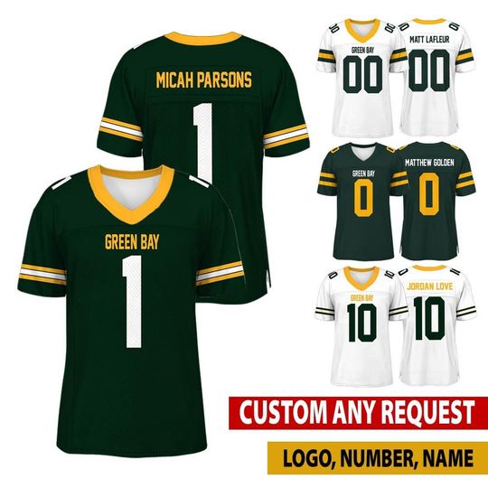 Personalized Green Bay Football Jersey, Jersey For Men With Your Team Name, Micah Parsons Jordan Love Gift For Fan Jersey