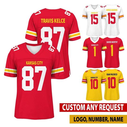 Personalized Kansas City Football Jersey, Jersey For Men With Your Team Name, Travis Kelce Patrick Mahome Gift For Fan Jersey