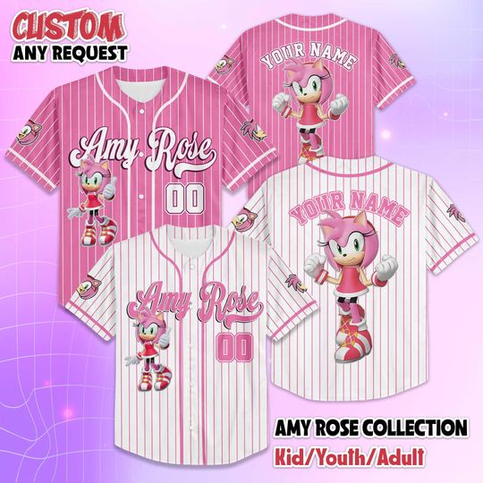 Discover Custom Amy Rose Baseball Jersey, Sonic the Hedgehog Shirt for Fans, Personalized Pink Character Outfit, Matching Family Tee, Birthday Gift