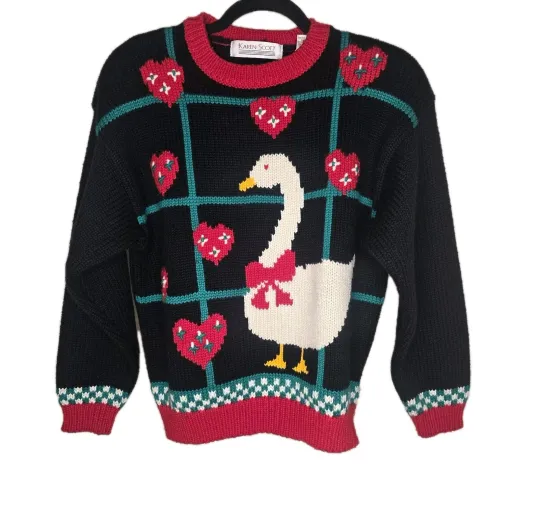 Discover Karen Scott Size M Goose Heart Knit Black Red Green Sweater Christmas Valentines