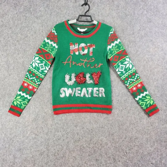 Discover Ugly Christmas Sweater Womens Small Green Sequin Tinsel Fair Isle No Boundaries