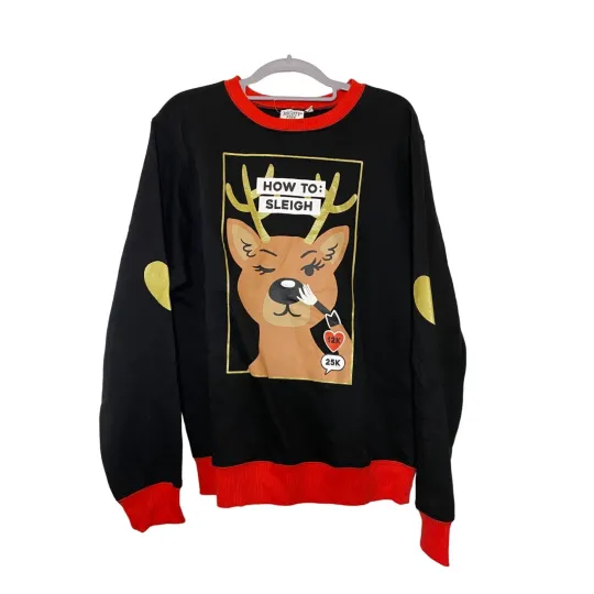 Mighty Fine Womens Black Sweater Pullover Reindeer Long Sleeve Crew Neck Size L