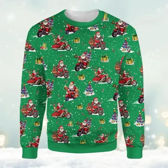 Discover Motorcycle Santa Christmas Ugly Sweater Funny Holiday Green Pullover