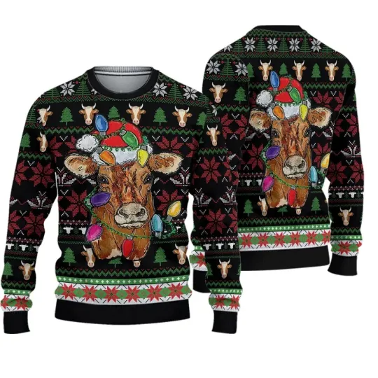 Discover Santa Cow Joy and Twinkling Festive Mood Ugly Sweater