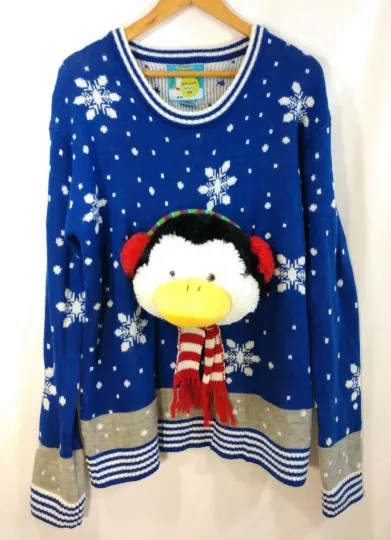 Women's DETAILS Penguin UGLY CHRISTMAS SWEATER Size L XL Blue Stuffed Head