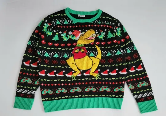 Discover Holiday Hype Sweater XXL Women Sz Christmas Reindeer Dinasaur Ugly Sparkle Read