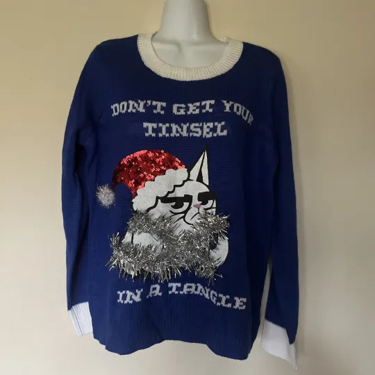 Discover “Ugly Xmas Sweater” Women’s/ Juniors XL Cat Wearing Tinsel & Santa Hat “Don’t….”