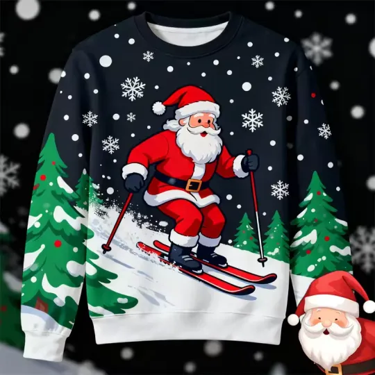 Discover Ugly Christmas Sweater, Santa on Ski Slopes, Funny Snow Knit Jumper