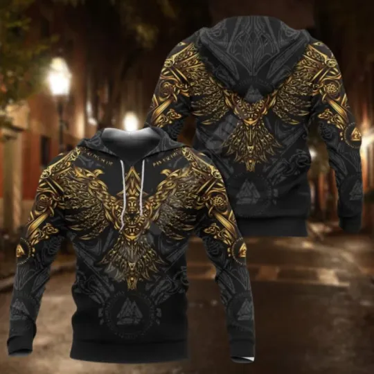 Discover Viking Huginn Gold Tattoo Hoodie Norse Mythology Nordic Streetwear Unisex