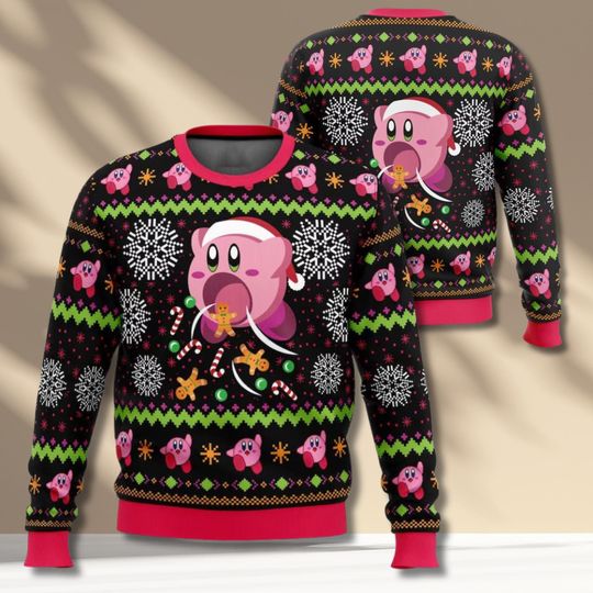 Cute Pink Puff Christmas Ugly Sweater Santa Cookie Lover Gamer Holiday Knit Jumper Kawaii Candy Cane Snowflake Pattern Cozy Winter Gift