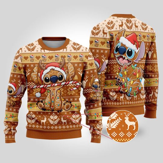 Stitch Gingerbread Ugly Christmas Sweater, All Over Printed Lilo And Stitch Xmas Sweatshirt, Happy Holidays Stitch Ugly Christmas Sweater