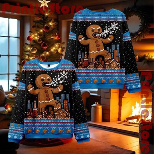 god zilla Gingerbread Man Sweater, Kaiju Ugly Christmas Jumper, Funny Giant Gingerbread Holiday Sweatshirt, Xmas Gift 2025