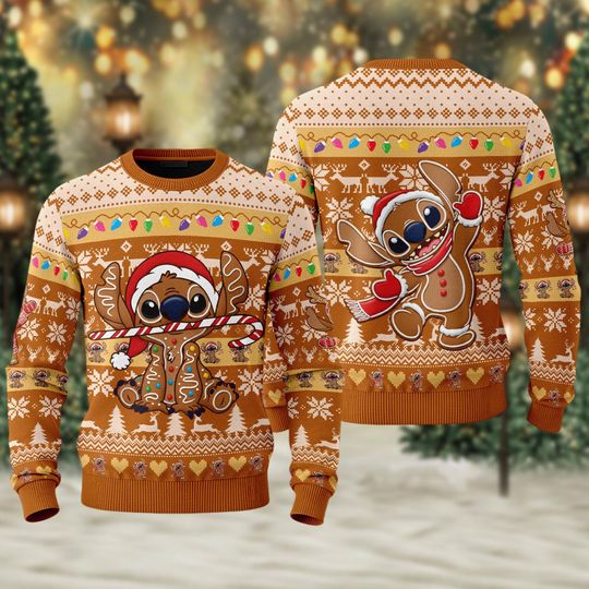 Discover Stitch Gingerbread Ugly Christmas Sweater, All Over Printed Lilo And Stitch Xmas Sweatshirt, Happy Holidays Stitch Ugly Christmas Sweater