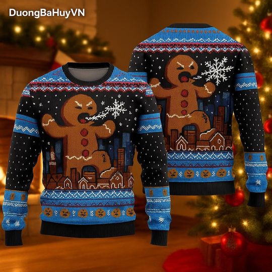 god zilla Gingerbread Ugly Christmas Sweater, Funny Kaiju Holiday Jumper, Giant Gingerbread City Destroyer Gift