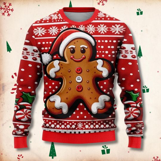 Discover Cute Gingerbread Man Christmas Sweater, Red Santa Hat Ugly Xmas Jumper, Festive Holiday Knit Unisex Crewneck Pullover, Funny Winter Gift