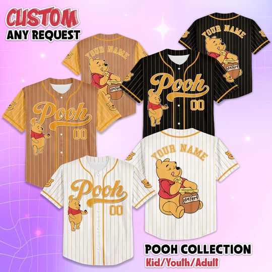 Discover Winnie the Pooh Disney Baseball Jersey, Personalized Cartoon Character Shirt, Custom Team Outfit, Unique Gift for Fans and Family