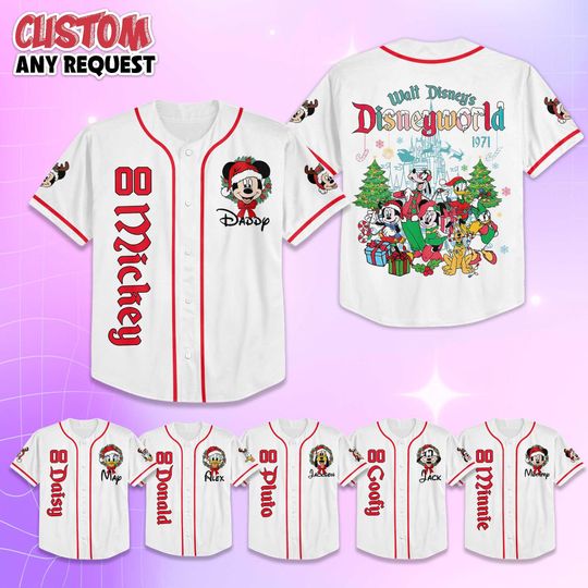 Discover Personalized Disneyworld Christmas Trip Family Baseball Jersey, Custom Mickey and Friends Jersey Shirt, Baseball Team Outfit, Gift For Fans