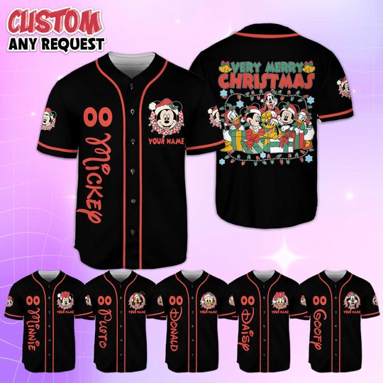 Discover Custom Disney Christmas Baseball Jersey, Personalized Mickey's Very Merry Christmas Party 2025, Mickey and Friends Kids Adult