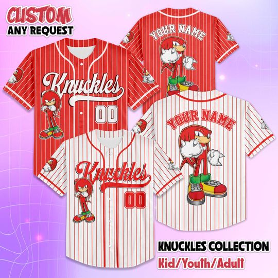 Discover Personalized Knuckles Baseball Jersey, Custom Sonic the Hedgehog Shirt, Knuckles Matching Family Tee, Gift for Fans