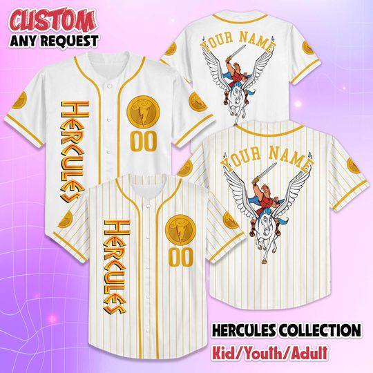 Discover Personalized Hercules Baseball Jersey, Custom Disney Hero Shirt, Greek Mythology Team Outfit, Matching Family Tee, Unique Gift for Fans