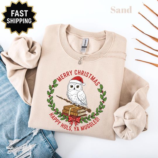 Discover Merry Christmas Happy Hols Ya Muggles Sweatshirt, Funny Owl Christmas Shirt, Holiday Sweater, Wizard Gift for Fans, Christmas Shirt