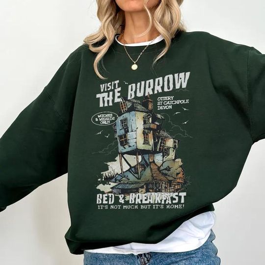 Discover The Burrow Sweatshirt, Vintage Wizard Family Crewneck, Bookish Pottery Shirt, Cozy Universal Vacation Hoodie, HP Gift