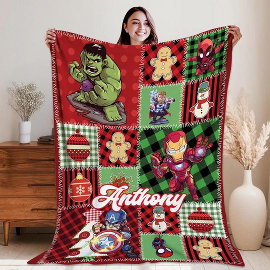 Personalized Avengers Christmas Blanket, Captain America Iron Man Hulk Blanket, Superhero Christmas Blankets For Bed Couch Sofa 76