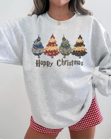 Discover Christmas Tree Sweatshirt, HP Wizard Houses Christmas Tree Sweatshirt, Happy Christmas Wizard Trees Sweater