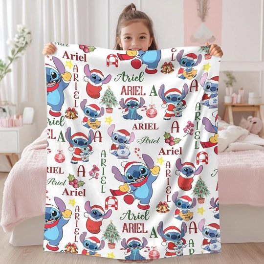 Disneyland Stitch Christmas Blanket, Stitch And Lilo Christmas Blanket, Stitch Angel Disneyland Christmas, Blanket Gifts 50