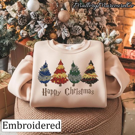 Discover Embroidered Magic School Christmas Sweatshirt, Cozy Wizard Holiday Shirt, Vintage Christmas Tree Crewneck, Festive Winter Outfit Gift