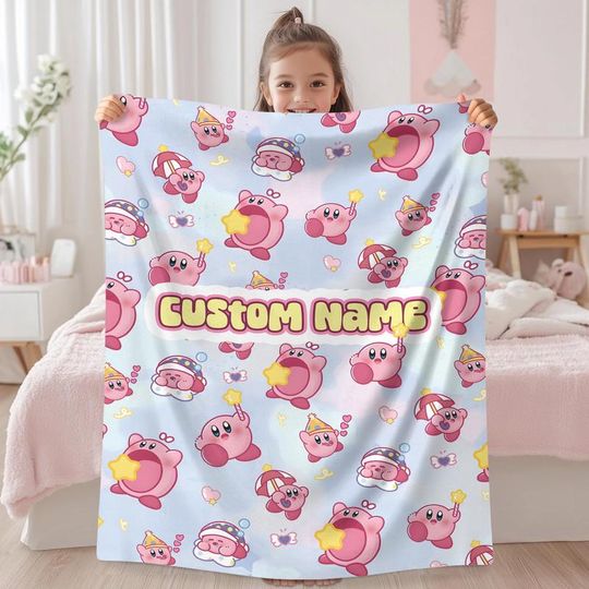 Personalized Kirby Blanket, Pink Kirby Blanket, Kirby Video Games Blanket, Birthday Gifts, Kirby Fleece Blanket, Custom Name Blanket 03