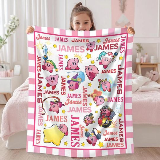 Personalized Kirby Blanket, Pink Kirby Blanket, Kirby Video Games Blanket, Birthday Gifts, Kirby Fleece Blanket, Custom Name Blanket 02