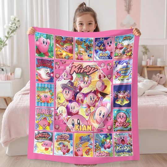 Personalized Kirby Blanket, Pink Kirby Blanket, Kirby Video Games Blanket, Birthday Gifts, Kirby Fleece Blanket, Custom Name Blanket 01