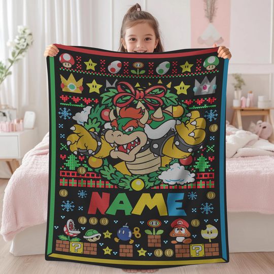 Persionalized Super Mario Bowser Ugly Christmas Blanket, Super Mario Bowser Christmas Blanket, Bowser Lovers Blanket, Birthday Blanket