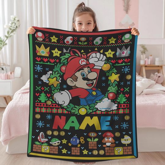 Persionalized Mario Ugly Christmas Blanket Princess Peach Bowser Christmas Blanket Super Mario Lovers Blanket Birthday Gift