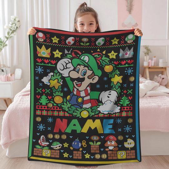 Persionalized Super Mario Luigi Ugly Christmas Blanket Luigi Blanket Luigi Xmas Blanket Blanket Super Mario Luigi Lovers Blanket