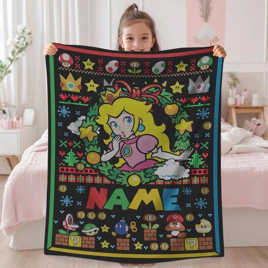 Persionalized Princess Peach Ugly Christmas Blanket Princess Peach Xmas Blanket Blanket Super Mario Princess Peach Lovers Blanket