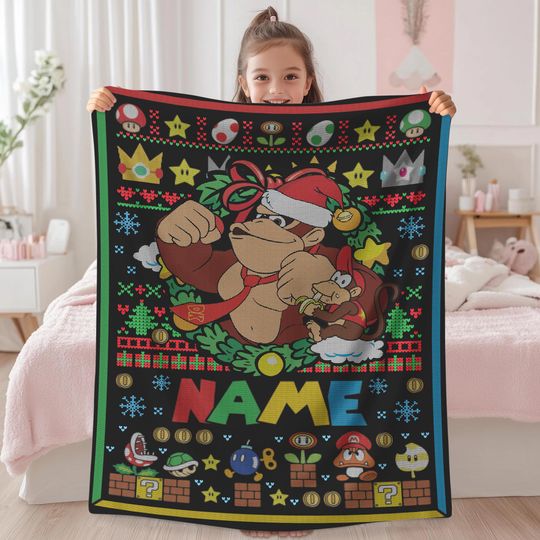 Discover Super Mario Donkey Kong Ugly Christmas Blanket, Mario Luigi Bowser Ugly Blanket, Mario Video Game Throw Blanket for Bed Couch Sofa