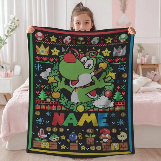Discover Persionalized Super Mario Yoshi Ugly Christmas Blanket Yoshi Xmas Blanket Throw Blanket For Bed Super Mario Yoshi Lovers Blanket