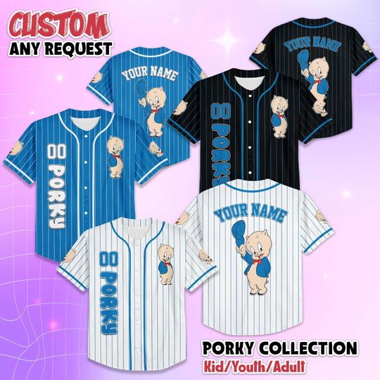 Discover Personalized Porky Pig Baseball Jersey, Custom Cartoon 90's Shirt, Porky Baseball Team Outfit, Gift For Fans, Outfit Matching Family Tee