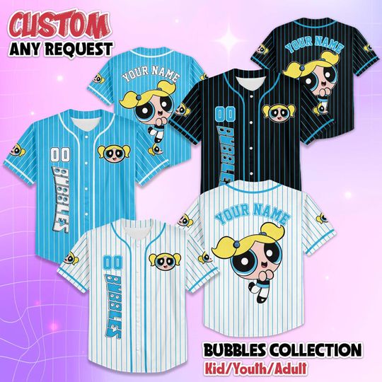 Personalized Bubbles Baseball Jersey, Custom The Powerpuff Girls Jersey Shirt, Cartoon Baseball Team Outfit, Gift For Fans