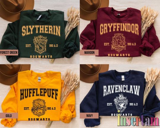 Hogwarts House Crest Shirt, Gryffindor Slytherin Ravenclaw Hufflepuff Tee, Wizard School Crewneck, Magic College Sweatshirt