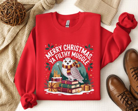 Merry Christmas Ya Filthy Muggle Sweatshirt, Funny Harry Potter Christmas Shirt, Holiday Owl Sweater, Wizard Gift for Fans, Christmas Shirt