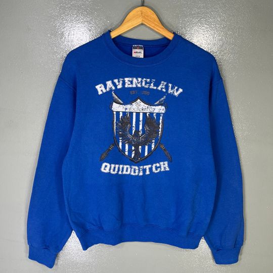 Vintage Jerzees Tag Ravenclaw Quidditch Spellout BigLogo Printed Sweatshirt Crewneck Pullover Harry Potter Hogwarts Sweater Color Blue SizeM