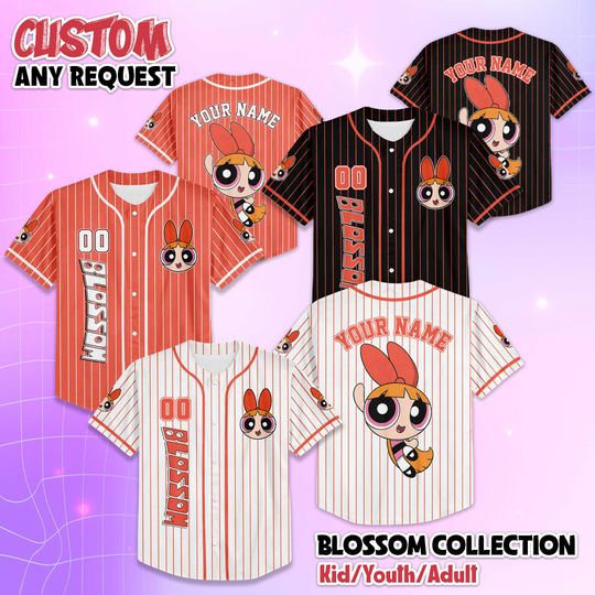 Discover Personalized Blossom Baseball Jersey, Custom The Powerpuff Girls Blossom Shirt, Disney Family Matching Outfit, Gift for Fans