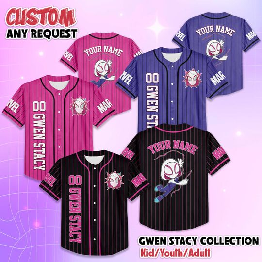 Custom Gwen Stacy Baseball Jersey, Custom Spider-Gwen Jersey, Spidey And His Amazing Friends Shirt, Disneyland Baseball Team Outfit