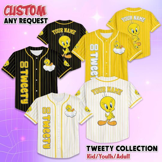 Personalized Tweety Baseball Jersey, Custom Looney Tunes Shirt, Tweety Bird Jersey Outfit, Matching Family Shirt, Cartoon Fan Gift