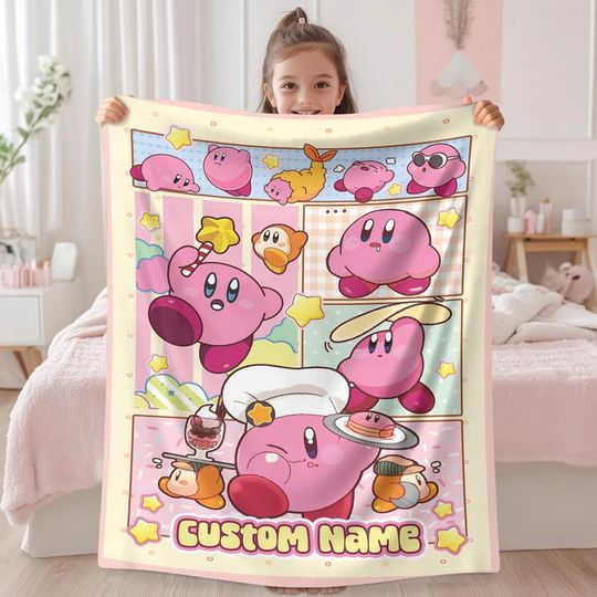 Personalized Kirby Blanket, Pink Kirby Blanket, Kirby Video Games Blanket, Birthday Gifts, Kirby Fleece Blanket, Custom Name Blanket 02