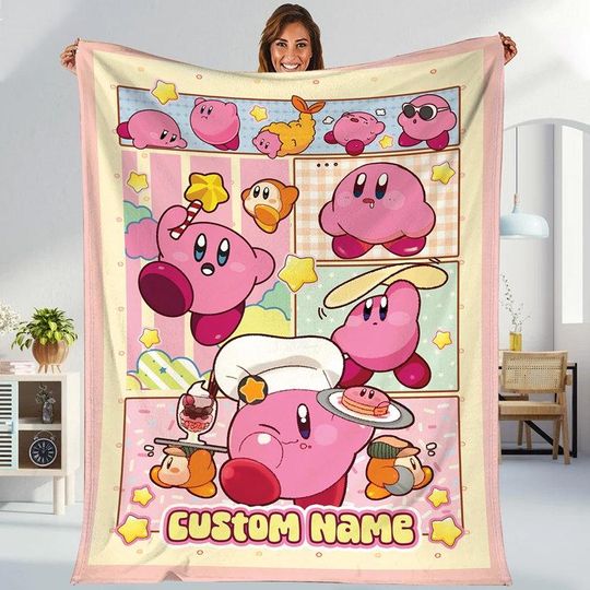 Custom Name Kirby Blanket, Personalized Kirby Blanket, Japanese Anime Blanket Gifts, Kirby Birthday Blanket, Kirby Blanket Gift For Baby