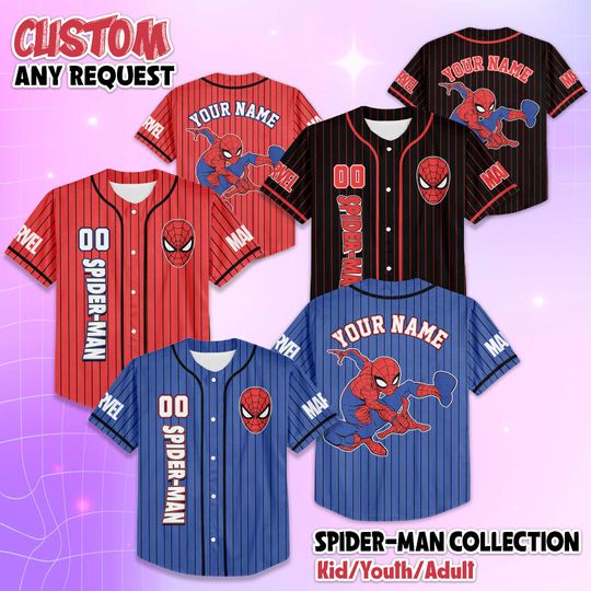 Discover Personalized Marvel Spider-Man Baseball Jersey, Custom Disney Superhero Jersey, Marvel Birthday Outfit, Spider-Man Shirt, Gift for Fans